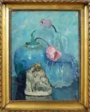Geraldine Jaarsma, schilderij, 1930 (Sneek 1879 - ), olieverf op linnen, beeldje met gemberpot en glazen karaf met bloemen 35,5x28cm