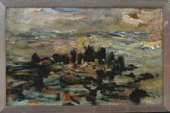 Henry Kley, waterlandschap, Henry Kley (Delft 1903 - ), olieverf op paneel, golfbrekers 37x24cm