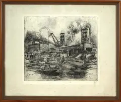 Duitse ets, haven, Onduidelijk gesigneerd Duitse School(Arens?), ets op papier, industriële haven 44x43cm