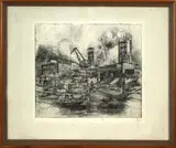 Duitse ets, haven, Onduidelijk gesigneerd Duitse School(Arens?), ets op papier, industriële haven 44x43cm
