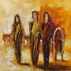 Jochem de Graaf, figuren groot, Jochem de Graaf, gemengde techniek op linnen, figuren in landschap 80x80cm