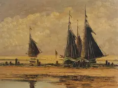 Onduidelijk gesig., strand, Jean Coune (Duitse School), olieverf op linnen, bomschuiten op het strand met vissersvrouwen 60x80cm