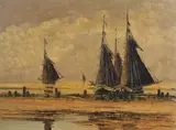 Onduidelijk gesig., strand, Jean Coune (Duitse School), olieverf op linnen, bomschuiten op het strand met vissersvrouwen 60x80cm