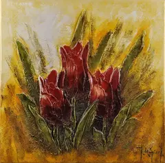 Jochem de Graaf, tulpen, Jochem de Graaf, gemengde techniek op linnen, tulpen 80x80cm
