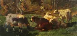 Duits schilderij, koeien, 1900 (rest-signatuur?), olieverf op linnen, koeien bij het bos 38x19cm