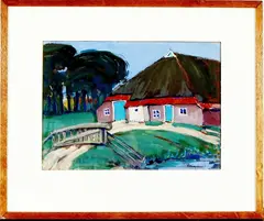 Hein Smit, gouache, Hein Smit (Groningen 1902 - ), gouache op papier, Drentse boerderij 38x27cm