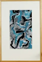 Theo Wolvecamp, gemengde techniek, Theo Wolvecamp 88 (Hengelo 1925 - 1992 Amsterdam), gemengde techniek op papier, abstracte compositie 22x39cm