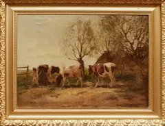 Fedor van Kregten, koeien, Fedor van Kregten (Diever 1871 - 1937 Den Haag), olieverf op linnen, 3 koeien bij boerderij 60x80cm