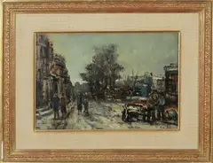 winter by Wim Bos, Wim Bos (1906 - 1977), olieverf op paneel, winters stadsgezicht met figuren 33x23cm, sold Oct 2013