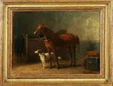 Otto Erelman, paardenstal, Otto Eerelman ( 1839 - 1926), olieverf op linnen, paardenstal met twee paarden en hond 36x26cm