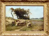 Fedor van Kregten, schapen, Fedor van Kregten (Diever 1871 - 1937 Den Haag), olieverf op linnen, landschap met grazende schapen 50x60cm