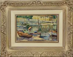 Evert Moll, Frankrijk, Evert Moll ( 1878 - 1955), aquarel op papier, Frans havengezicht 22x15cm