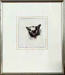 Bob ten Hope, ets, Bob ten Hope 1994 ( 1920 Bussum - ), ets op papier, Kat Marja (doof en blind, 20 jaar oud) 13x13cm