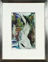 Bob ten Hope, litho, Bob ten Hope (1920 Bussum - ), gemengde techniek op papier, badende naakte dames 26x40cm