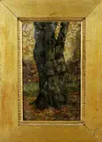 Arnold Marc Gorter, boom, Arnold Marc Gorter (1866 - 1930), olieverf op linnen, oude boom in hersfttooi 23x13cm