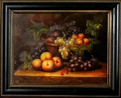 Schilderij J. Guy, fruit, Guy 21e eeuw, olieverf op paneel, stilleven met fruit 30x40cm
