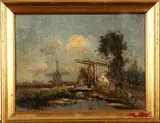 F. Hoos, brug met molen, Frans Hoos (Den Haag 1884 - 1966), olieverf op linnen, Hollands landschap met molen en ophaalbruggen 40x30cm