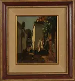 Jan van Vuuren, straatje, Jan van Vuuren (Molenaarsgraaf 1871 - 1941 Ermelo), olieverf op linnen, straatje met wasgoed 18x21cm