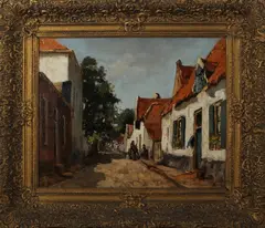 Jan van Vuuren, Elburg, Jan van Vuuren (Molenaarsgraaf 1871 - 1941 Ermelo), olieverf op linnen, straatje in Elburg met figuren 50x40cm