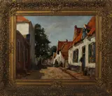 Jan van Vuuren, Elburg, Jan van Vuuren (Molenaarsgraaf 1871 - 1941 Ermelo), olieverf op linnen, straatje in Elburg met figuren 50x40cm