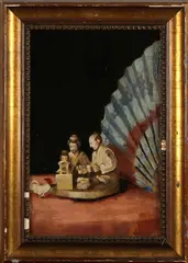 Schilderij Aziatisch, kip, 1930, olieverf op linnen, Oosterse beeldengroep met waaiers 27x42cm