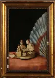 Schilderij Aziatisch, kip, 1930, olieverf op linnen, Oosterse beeldengroep met waaiers 27x42cm