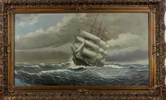 T. Scheep, boten op zee, 1930, olieverf op linnen, driemaster op ruwe zee 49x90cm