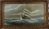 T. Scheep, boten op zee, 1930, olieverf op linnen, driemaster op ruwe zee 49x90cm