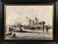 Wim Bos, groot, Wim Bos (Rotterdam 1906 ), gemengde techniek op papier, Rotterdams havengezicht 50x70cm