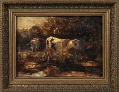 Hollandse School, koeien, Hollandse School ( naar Willem Maris), olieverf op paneel, koeien aan de drenkplaats 43x32cm