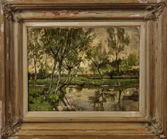 Belgische School, landschap, 1900, olieverf op linnen, riviergezicht met koeien 48x38cm