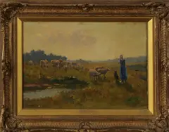 herderin met schapen by B.F. Coesel, Bernardus Coesel (Den Haag 1886 - 1952), olieverf op paneel, schaapsherderin met hond en schapen bij avond 31x22cm, sold Jul 2013