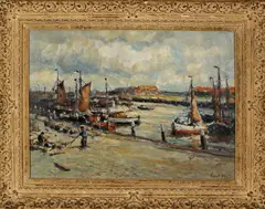 Evert Moll, Scheveningen, Evert Moll ( 1878 - 1955 Den Haag), olieverf op linnen, Scheveningse haven 50x70cm