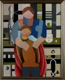 Gerard Diepeveen, moeder met kind, Gerard Diepeveen (Enschede), olieverf op linnen, moeder met kind (kubistisch) 40x50cm