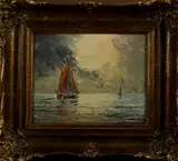 Onduidelijk gesig., zeegezicht, 1950, olieverf op linnen, zeegezicht met boten 24x30cm