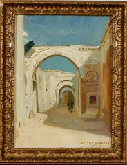 August Legras, schilderij, August Johannes Le Gras (Amsterdam 1864 - 1915 Laren), olieverf op linnen, Orientaalse steeg met figuur 33x24cm