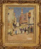 Onduidelijk gesig., Oosters schilderij, 1890, olieverf op paneel, Arabische dorpsstraat met figuren en minaret 21x29cm