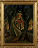 Gerard Diepeveen, bosgezicht, Gerard Diepeveen (Enschede), olieverf op linnen, kubistisch bosgezicht 30x40cm