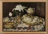 Verso H. de Groot ca, servies, 1920, olieverf op linnen, stilleven met Jugendstil servies 62x44cm
