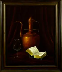 A.G. Smid, stilleven, Smid), olieverf op linnen, koperen kruik met glas en boek 50x60cm