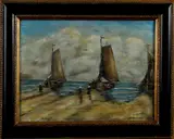 F. Verheyen, strandgezicht, Verheyen, olieverf op linnen, strandgezicht met vissersboten 30x40cm
