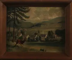 E. Müglits, landschap reebok, 1930, olieverf op paneel, bergachtig landschap met reebok en dorp 42x34cm