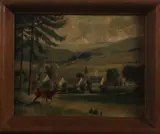 E. Müglits, landschap reebok, 1930, olieverf op paneel, bergachtig landschap met reebok en dorp 42x34cm