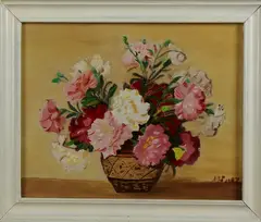 A.G. Smid, bloemstilleven, Smid 1987, olieverf op linnen, vaas met bloemen 24x30cm