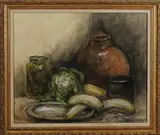 J. Surie, stilleven, Jacoba Surie ( 1879 - 1970 Amsterdam), aquarel op papier, stilleven met groente en aardewerk 60x49cm