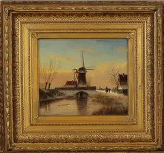 Ch. Stork, molen in de winter, 1900, olieverf op paneel, Hollands wintergezicht met molen en figuren 27x23cm