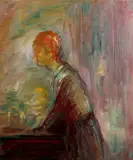 Otto Herter, vrouw bij tafel, Otto Herter (1924 Pjatigorsk Kaukasus - Hamburg ), olieverf op linnen, vrouw bij tafel 50x60cm