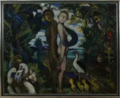 Groot schilderij, Adam en Eva, Anton Jasusch (1882 - 1965 Tsjechoslowakije), belangrijk werk!, olieverf op linnen, Het paradijs met Adam en Eva
