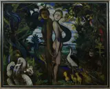 Groot schilderij, Adam en Eva, Anton Jasusch (1882 - 1965 Tsjechoslowakije), belangrijk werk!, olieverf op linnen, Het paradijs met Adam en Eva