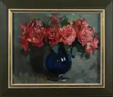Jan Korthals, stilleven, Jan Korthals, 1916-1973, olieverf op linnen, vaas met rozen 40x50cm., Cond.:G